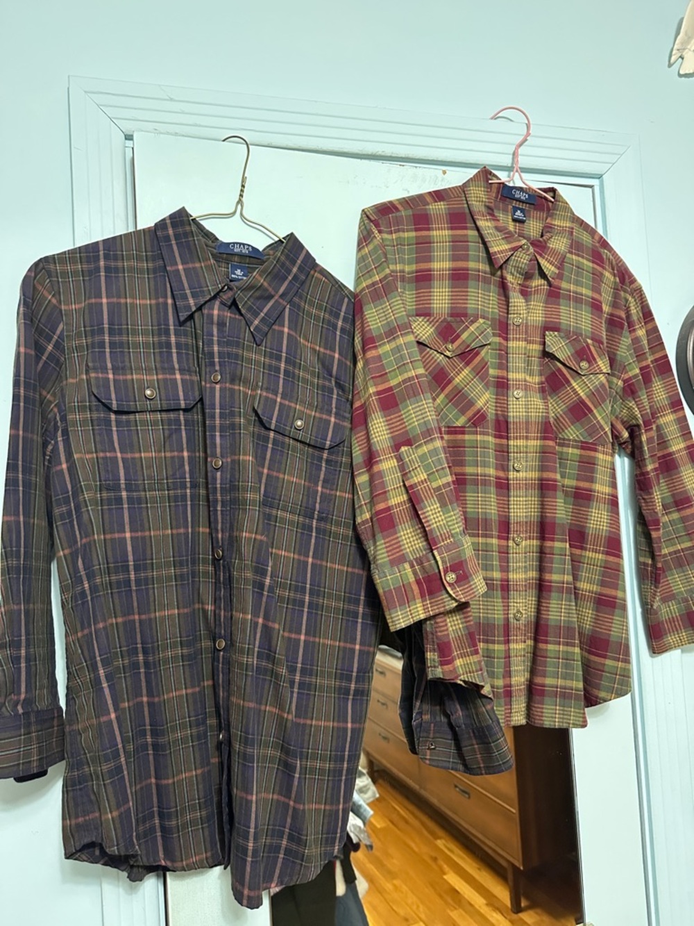 2 Chaps Plaid Button-Up Shirts in Olive/Navy and Mustard/Burgundy